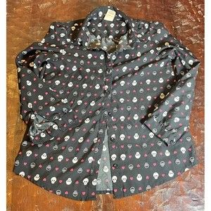 Halloween Faded Glory Skeleton Girls 7/8 M Medium Button Up Top Black Pink